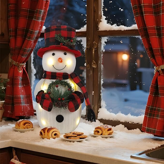 Christmas Lighted Snowman, 12" With Wreath Table Decorations, Red Black Plaid Xmas Decor for Home Kitchen Holiday Party