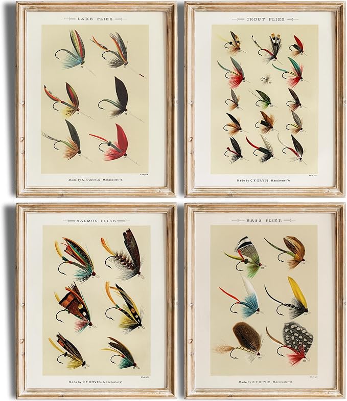 DREAM BIG PRINTABLES Vintage Fly Fishing Art Prints (Set of 4) - Unframed - 8x10 | Great Gift for Fisherman - Reproductions of Vintage Fishing Lure Drawings - Rustic Decor
