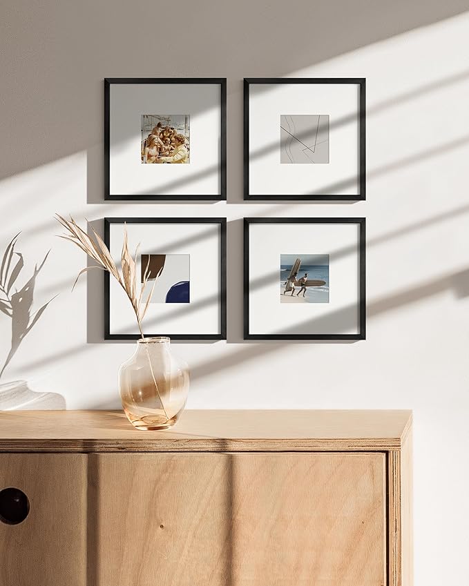 HAUS AND HUES 8x8 Black Metal Picture Frames Matted to 4x4 - Features Premium Aluminum & Hanging Hardware, Shatterproof Plexiglass - Ideal for Home, Room, Office (8x8 in, Black, Set of 4)