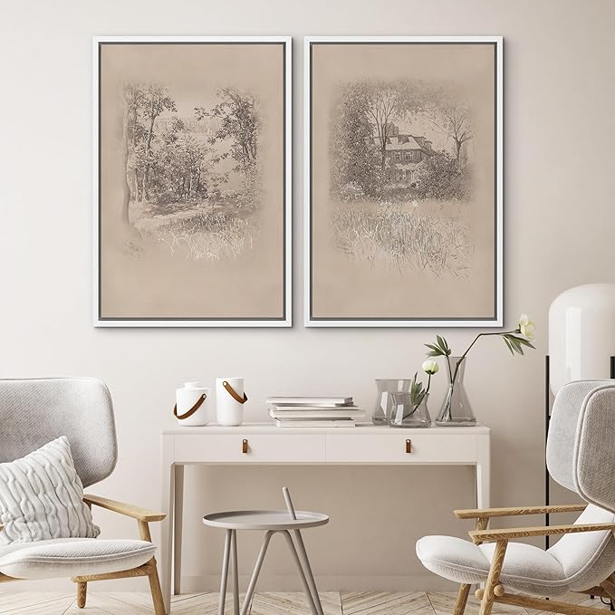 SIGNWIN Framed Canvas Print Wall Art Set Countryside Home and Trees Sepia Landscape Drawings Illustrations Modern Art Scenic Colorful for Living Room, Bedroom, Office - 24"x36"x2 White