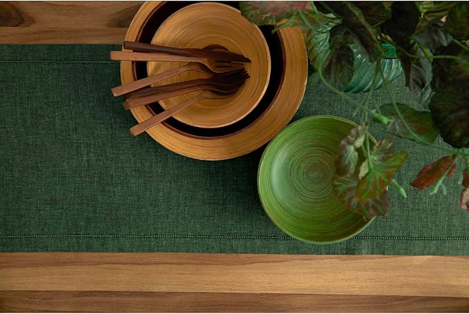 Solino Home Linen Table Runner 144 Inches Long - Milan Hemstitch 100% Pure Linen Forest Green Dining Table Runner 14 x 144 Inch for St Patricks Day - Handcrafted and Machine Washable
