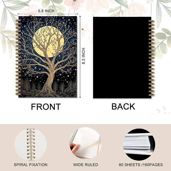 Witchy Moon Trees Notebook, Mystical Celestial Starry Night Botanical Journal, Witchy Gifts for Women, Witch Celestial Aesthetic Spiral Journal Notebook, 5.5x8.3 Inch