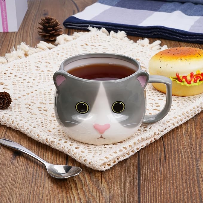 Cat Mug 14 oz Cute Ceramic 3D Porcelain Tea Cup for Women, Kawaii Gifts for Cat Lovers, Christmas, Housewarming, Holiday, Birthday Gifts for Women, Mom, Kids, Men and Friends