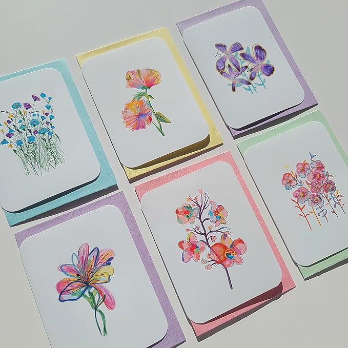Handmade Floral Note Card Set: Vibrant Flower Art, Blank Inside, Set of 6
