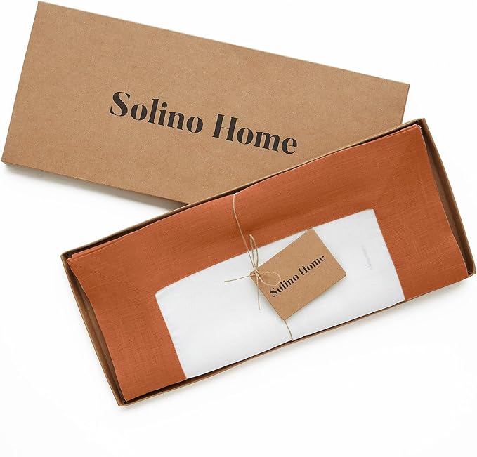 Solino Home Linen Table Runner 48 Inches - 100% Pure Linen Cinnamon and White Small Table Runner 14 x 48 Inch Ideal for Dresser and Coffee Tables - Contempo