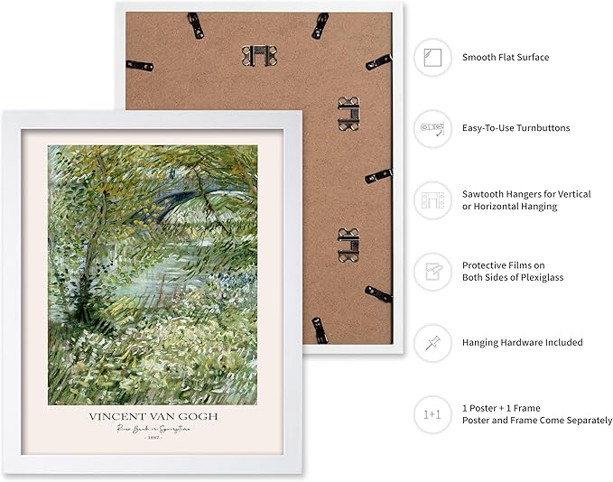 Monem Art Vintage Van Gogh Poster - Retro Impressionist Print - River Bank in Springtime, Flowers, Landscape - Gift for Artist, Friend - Wall Decor for Home, Office, 16x20 White Framed