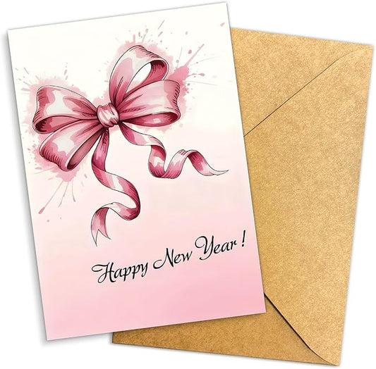 (5.3x8in) Happy New Year Card, Elegant Pink Bow with Watercolor Splash, Classy Greeting Card for Women, Friends, Coworkers or Family, New Year’s Eve Celebration Stationery Envelope (Xmas 38)