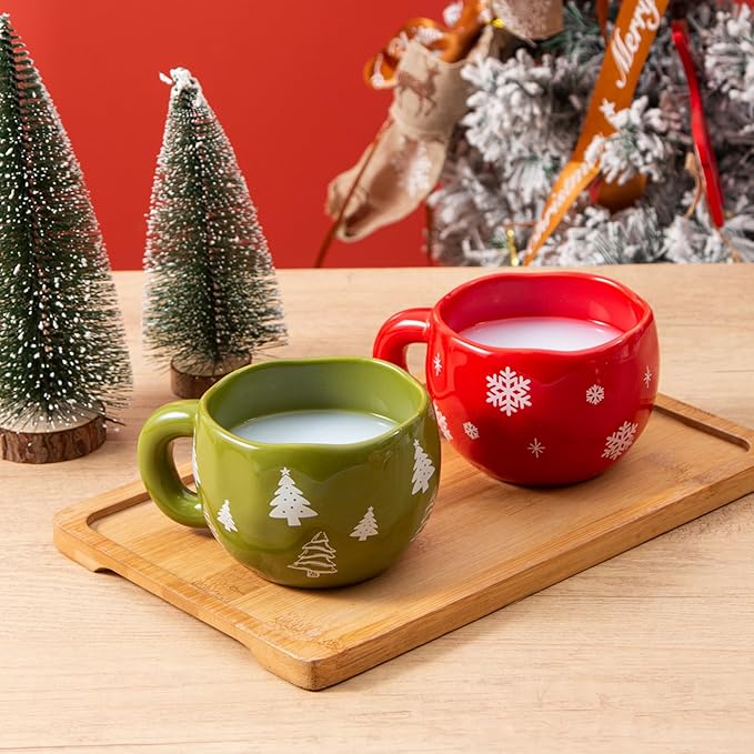 4pcs Cute Ceramic Coffee Mug, 9.4OZ Handmade Porcelain Tea Mugs, Ceramic Cup Sets for Matcha, Dishwasher & Microwave Safe, Christmas Gift(Christmas Tree)