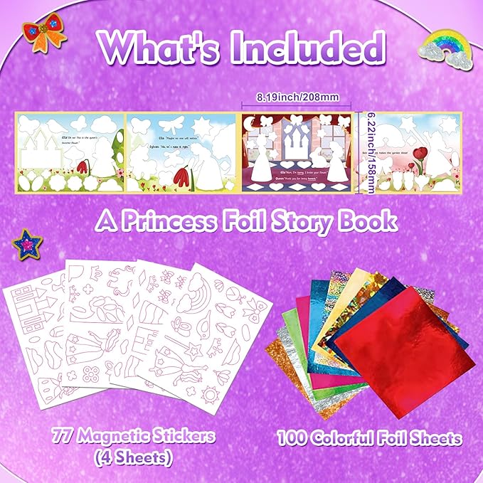 SOOVSY Magnetic Foil Art & Craft Fun Kit for Kids, Princess Foil Story Book with 77 Magnets & 100 Color Sheet, DIY Creative Activity, Travel Toys, Gifts Set for Ages 4, 5, 6, 7, 8, 9