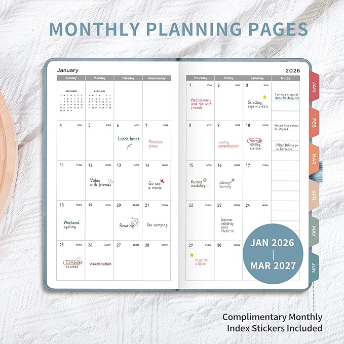 AHGXG Small Pocket Planner 2026-2027, Weekly and Monthly Calendar Planner, 15 Months, JAN 2026 - MAR 2027, Mini Size, Hardcover, Inside Pocket, For Women Men School Home Office Supplies, 3.9''X 6.7'' - Gray Blue
