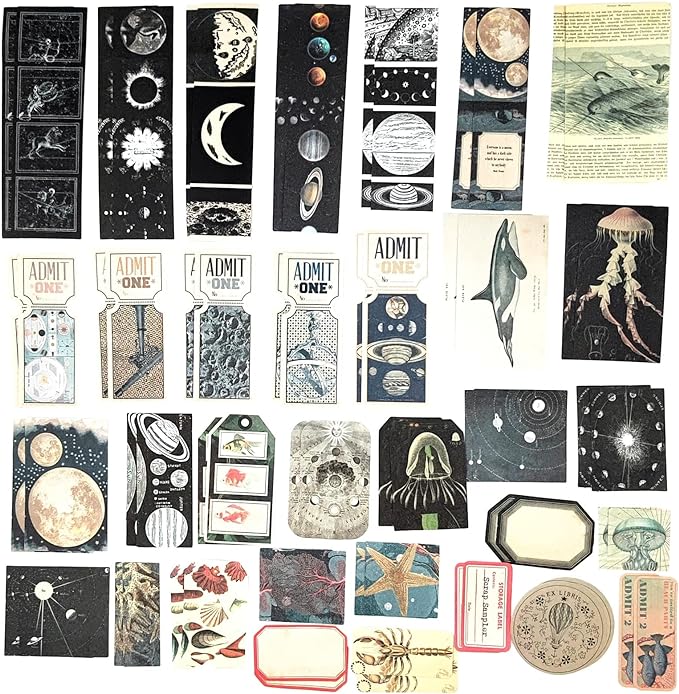 200 Pieces Vintage Ephemera Scrapbooking Supplies Pack for Journaling, Decoupage Paper Scrapbook Stickers Kit for Bullet Junk Journal Planners Collage Craft Notebooks Album (Space and Sea)