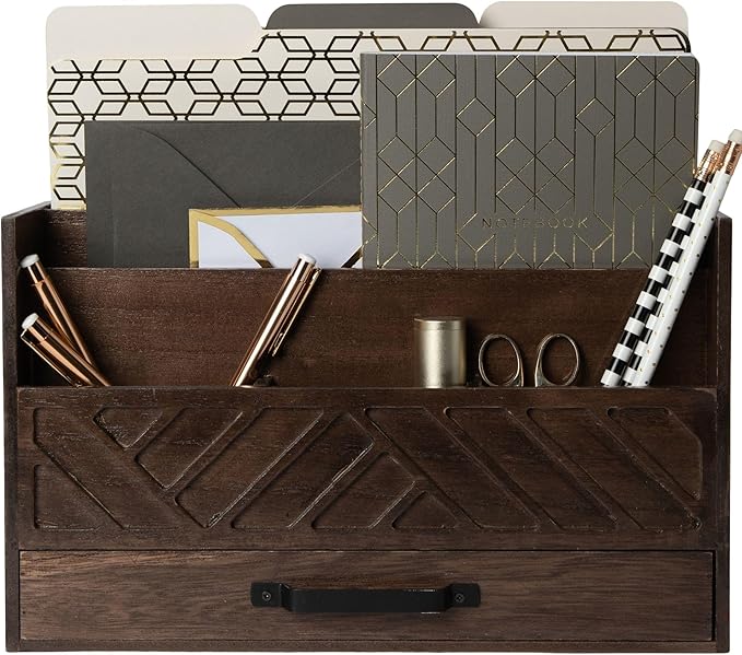 BLU MONACO Mail Organizer for Desk – Brown Wooden Mail Sorter with Drawer and 6 Compartments – Rustic Letter Organizer with Black Handle – Desktop File Holder for Home Office, Entryway, or Kitchen