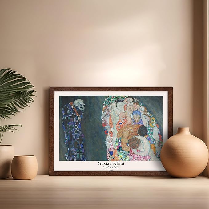Poster Master Vintage Gustav Klimt Poster - Retro Death and Life Print - Art Nouveau - Symbolism Art - Abstract Art - Aesthetic Art - Classic Painting - Living Room Decor - 16x20 Brown Framed