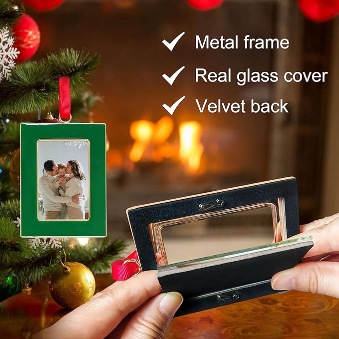 Christmas Picture Frame Ornaments - Set of 4 Green 2x3 Inch Mini Frames with Red Ribbon, Metal Photo Frames for Christmas Tree Decorations, Holiday Gift for Family & Friends