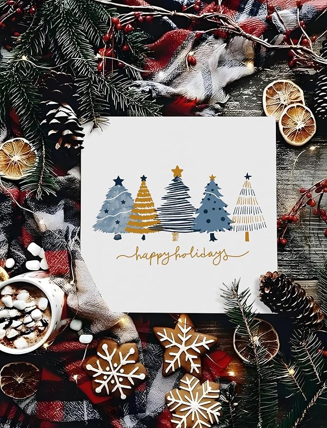 Minimalist Navy Blue and Gold Christmas Tree Wooden Box Sign, Preppy Christmas Desk Decor, Xmas Tree Winter Happy Holiday Wood Signs for Home Office Desk Shelf Tabletop Decor, 5x5 Inch Decorative Signage