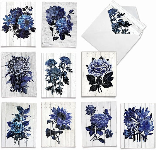 The Best Card Company - 10 Blank Note Cards with Envelopes (4 x 5.12 Inch) - Bulk All Occasion Cards Boxed - Driftwood Indigo Flowers AM6825OCB-B1x10