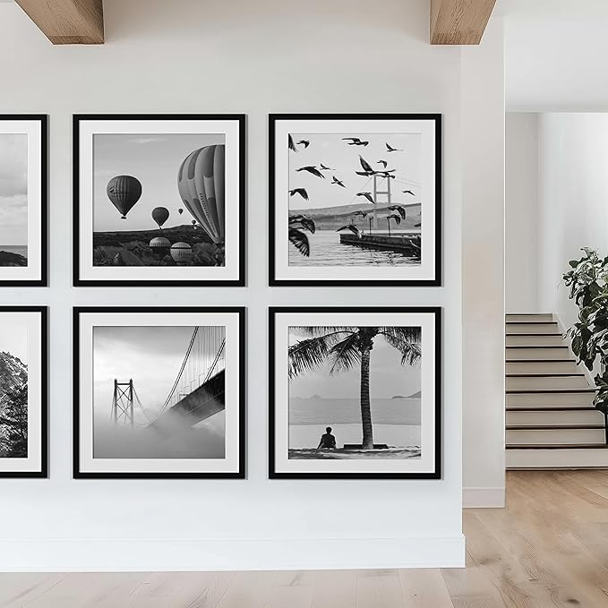 eletecpro 24x24 Picture Frames Set of 9, Classic Gallery Wall Frame Set for 20x20 Photos with Mat or 24x24 without Mat, Storyline Picture Frame for Art Prints, Black Poster Frames for Home Decor Wall