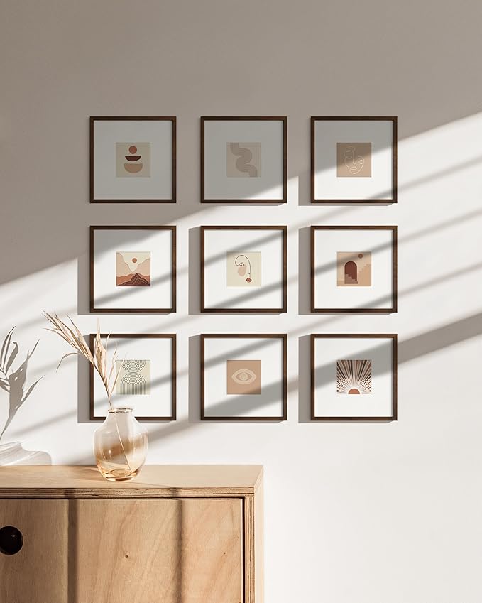 HAUS AND HUES Walnut Oak Wood 8x8 Picture Frames - Set of 25, Square Frames with Mat, Natural Wood Frames for Photos (8x8 in, Walnut, Set of 25)