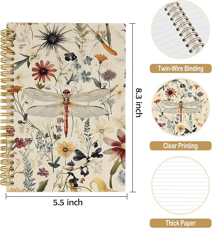 Vintage Dragonfly Journal Notebook, Summer Floral Notebooks College Ruled for Work School, Gifts for Girls Women Dragonfly Lovers, Office Supplies, Hardcover Spiral Notebook 5.5"x8.3"