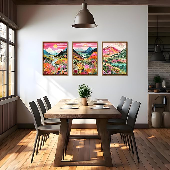 Floating Framed Large Boho Colorful Mountain Wall Art Set of 3, Abstract Watercolor Landscape Flower Wall Decor Paintings, Modern Nature Sunset Forest Posters Prints for Living Room 16x24 Inch