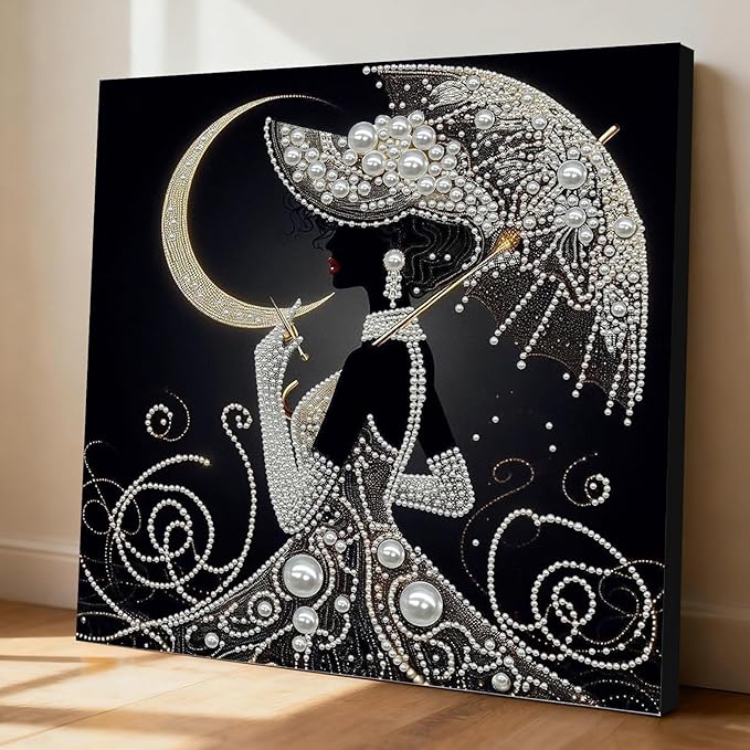DIY Pearl Painting Kit with Wooden Frame, 3D Plastic Pearl Gemstone Ocean Art Craft for Adults Beginners, Diamond Art Kits for Adults, Home Wall Decor Ready Gift for Women(Moon Umbrella Woman)(30*30cm