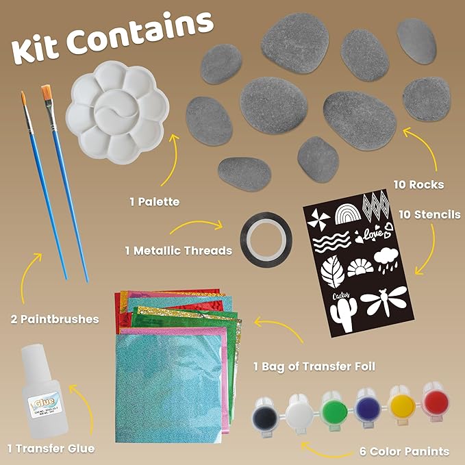 Piano Potato Rock Painting Kit for Kids, Foil Rock Art Craft Set with 10 River Rocks, 6 Paints & 10 Foil Stencils, Creative Arts and Crafts for Kids Ages 6-12