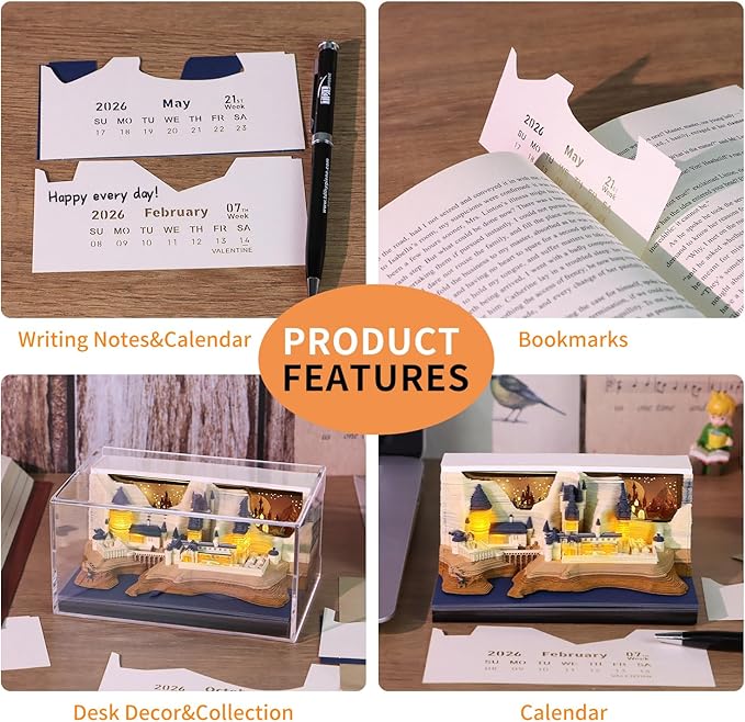 3D Time Piece Calendar 2026 3D Tear Away Art Memo Pad Notepad Desk Calendar with Light,3D Art Calendar Desktop Decoration Gift for Christmas (Castle)