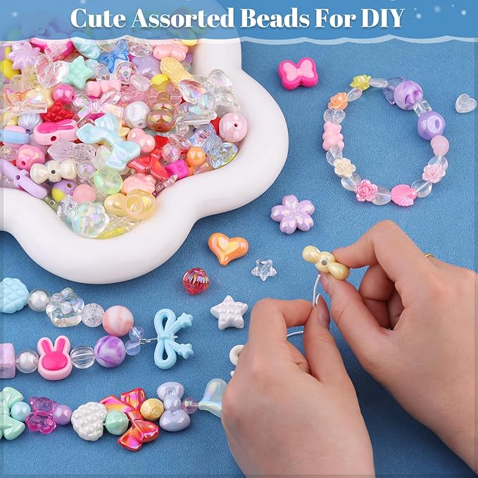 200-260PCS TINKRSTUFF Assorted Acrylic Beads Colorful Cute Beads for Bracelet Making, Bow Flower Butterfly GummyBear Kawaii Charms, Aesthetic Bead for Necklace Keychain Jewelry Making DIY Phone Charm