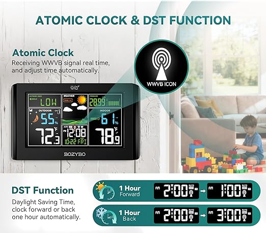 Weather Station Wireless Indoor Outdoor Thermometer: BOZYBO Digital Atomic Clock with Indoor/Outdoor Temp, Temperature Gauge Weather Clock with Calendar and Adjustable Backlight