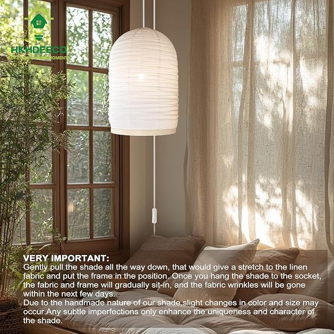 plug in pendant light E26 base 20 inch Japandi Linen & Bamboo Pendant Light Beige fabric lamp for Zen Bedroom, Scandinavian Living Room, Window Display, Minimalist Home Gift