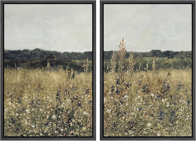 SIGNWIN Framed Canvas Print Wall Art Set Wildflower Meadow Under a Gentle Overcast Sky Illustration Modern Art Minimalism Decorative Nordic for Living Room, Bedroom, Office - 24"x36"x2 Black