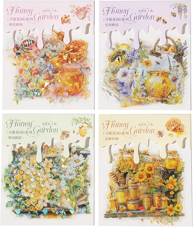Scrapbook Bee Stickers for Journaling Supplies,60pcs Honeybee Garden Stickers in PET,Nature Sticker for Junk Journal Supplies,Scrapbooking,Planner,Photo Frame,DIY Craft,Calendar(Honey Garden)