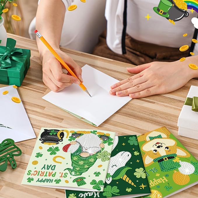 Saillong 12 Pack St Patrick's Day Diamond Painting Greeting Card Kits Green Shamrock Diamond Art Cards with Envelopes 5D Rhinestones Painting Making Kit for Adults DIY Craft Family Friend Holiday Gift