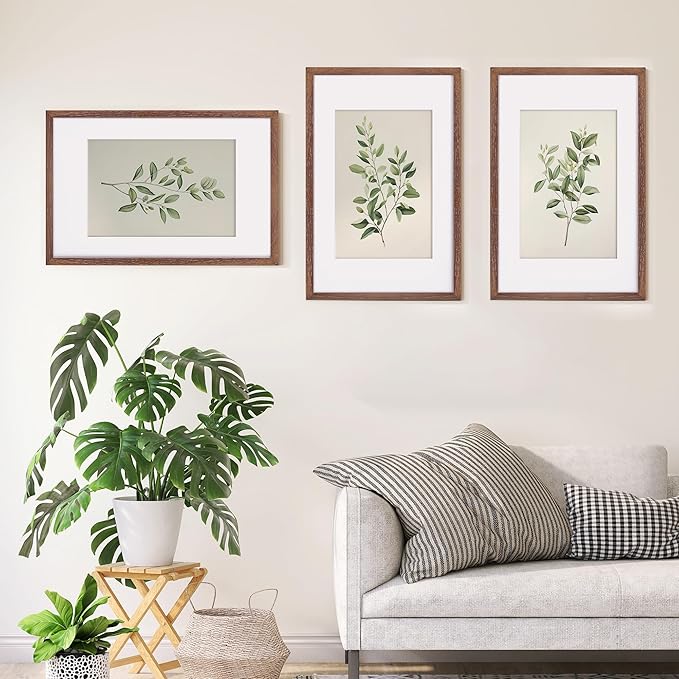 11x17 Picture Frame Set of 3, Solid Oak Wood 11 x 17 Frames with Tempered Glass, 11x17 Frame Matted to 8x12, Rustic Wooden 11 by 17 Poster Frames for Wall