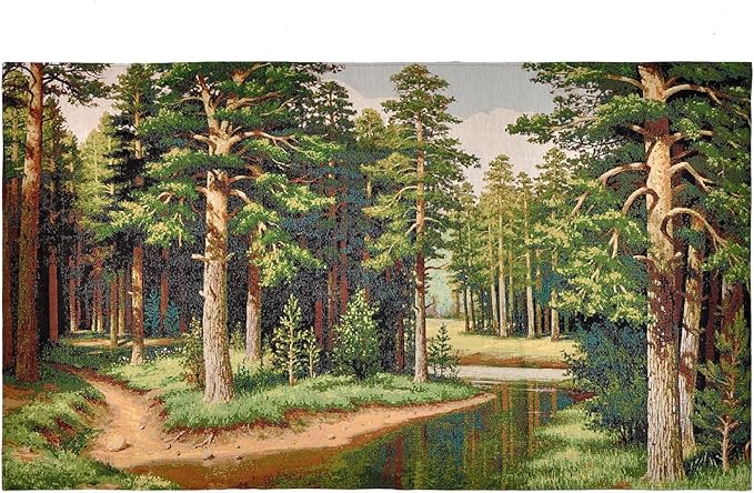 AureoMadis Premium Large Jacquard Woven Forest Tapestry 49"x28" - Vintage Pine Woods River Landscape Wall Hanging, Fully Lined Fine Art Decor with Dual Rod Pockets