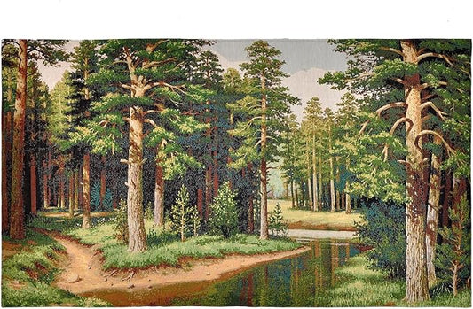 AureoMadis Premium Large Jacquard Woven Forest Tapestry 49"x28" - Vintage Pine Woods River Landscape Wall Hanging, Fully Lined Fine Art Decor with Dual Rod Pockets