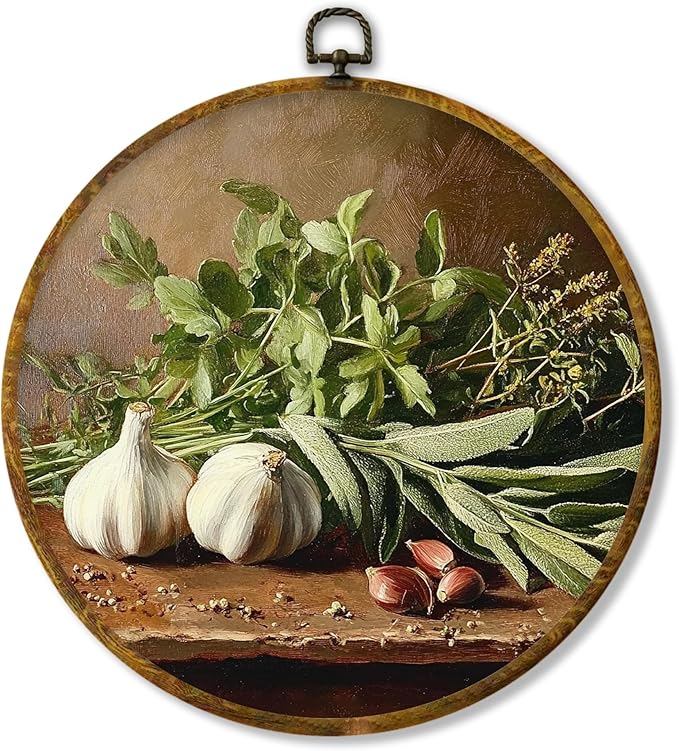Hiuwevt Vintage Rustic Kitchen Round Wall Art Decor, Country Botanical Culinary Framed Canvas Prints, Retro Farmhouse Cottagecore Round Wall Hanging Decor for Bedroom Home Decorations, 10x10 Inches