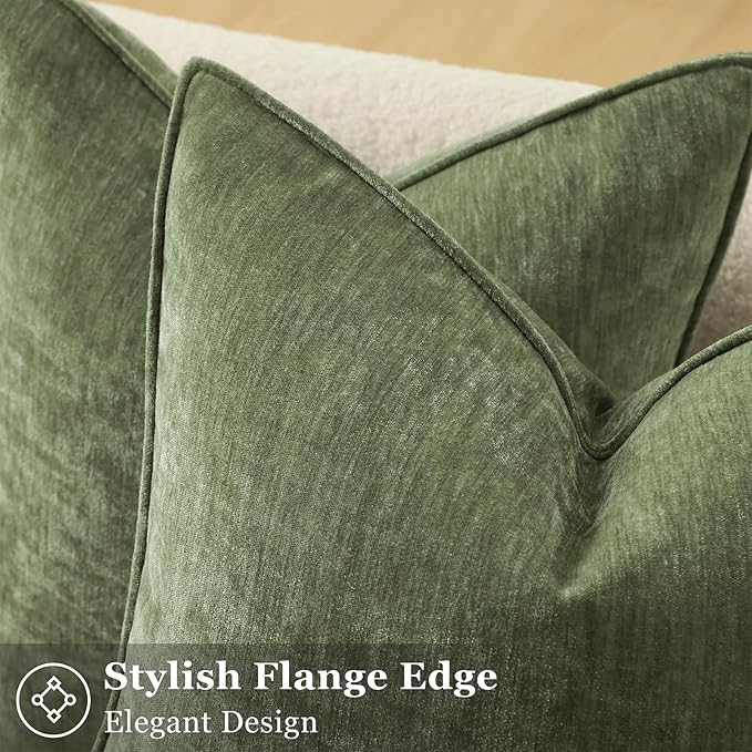 decorUhome Spring Couch Throw Pillow Covers 18x18 Set of 2, Decorative Soft Velvet Neutral Chenille Pillow Covers with Elegant Design for Sofa Bed Living Room Home Decor, Olive Green