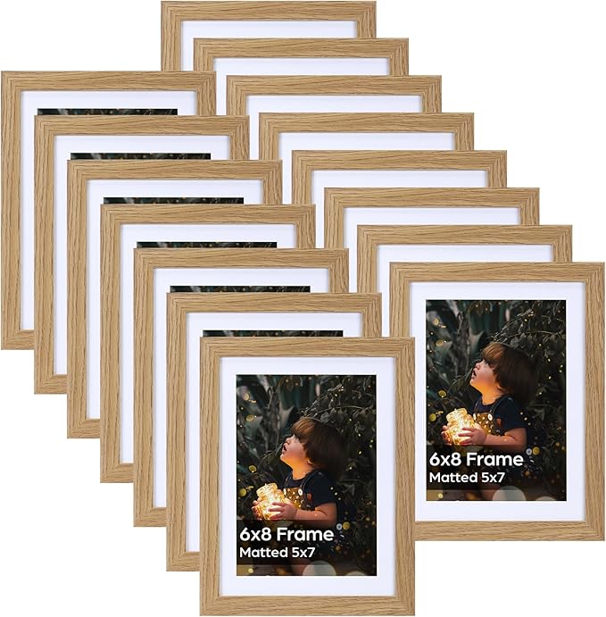 Lyeasw 5x7 Picture Frame 15 Pack, Display Pictures 5x7 with Mat or 6x8 without Mat, Natural Wood Color Bulk Photo Frames for Wall or Tabletop