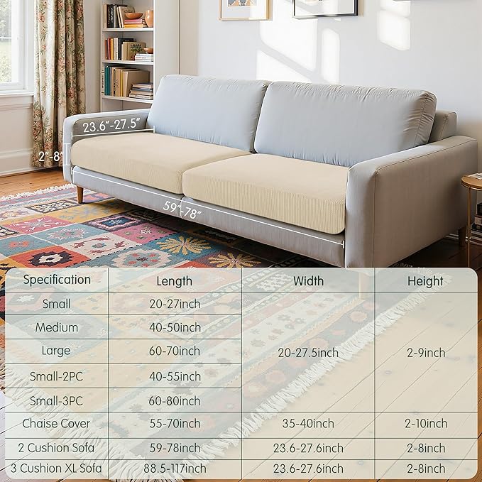 CHUN YI 2 Piece Couch Cushion Covers for Sofa Seat Slipcovers Suitable with Spandex Jacquard Washable Fabric (2 Piece Sofa Cushion Covers, Ivory)