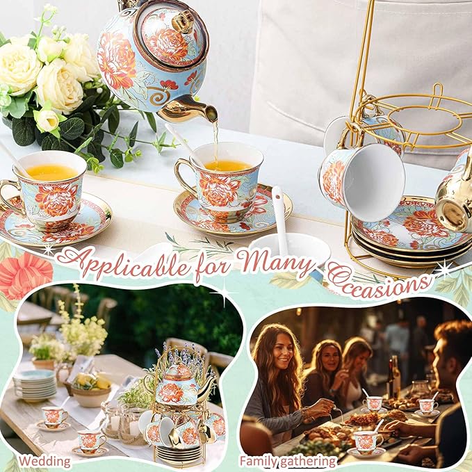 Zhehao 20 Pcs Porcelain Tea Set with Metal Holder and Spoon Adult Ceramic Tea Set European Flower Painting Teapot Cup Saucer Spoon for Women, Large Version(Retro Style)