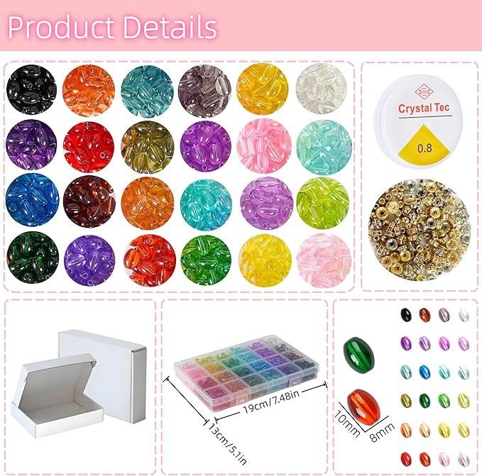 REVKI 8 * 10mm Glass Beads Bracelet Making Kit,500pcs 24 Colors Rice Shaped Natural Bamboo Crystal Beads for Jewelry Making,Teardrop Glass Beads for DIY Necklace Crafts