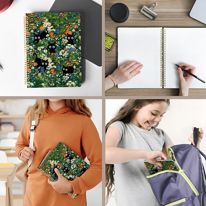 Cute Spiral Notebook journal A4 Aesthetic Pretty Design for Women Girls Kawaii with Pocket, 8.5 x 11 inch, Graph, Cat Garden
