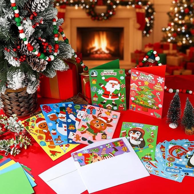 Fullhawl 48 Set Christmas Card Making Kits DIY Christmas Craft with Stickers and Envelopes Make Your Own Greeting Card Handmade Xmas Folded for Gift Party Decor Home Activities (Xmas)