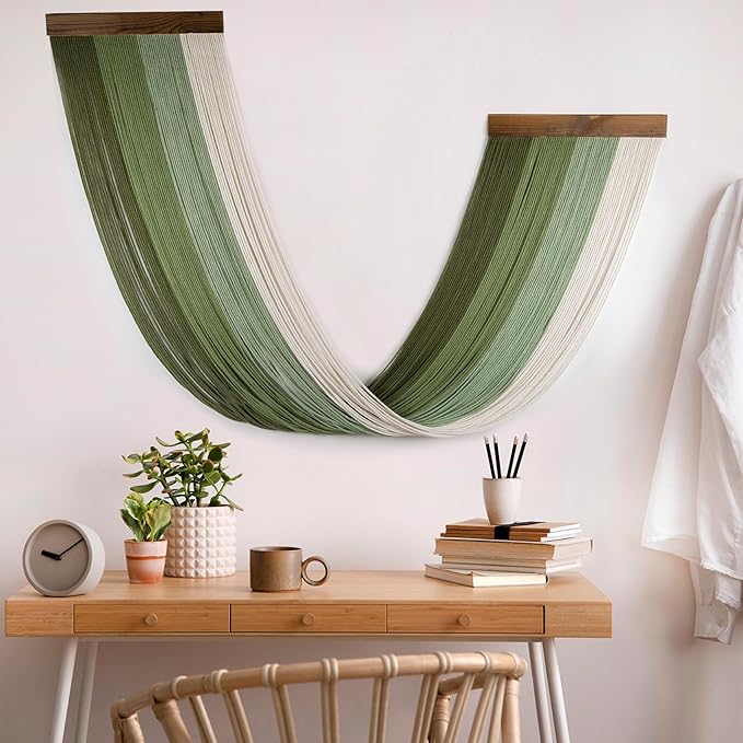 LB Green Macrame Wall Hanging Large, Boho Tapestry Wall Hanging Macrame Wall Art Handmade Yarn Woven Wall Art Modern Home Decor Headboard Wall Decor for Bedroom Living Room Dorm Nursery, 16x32 Inch