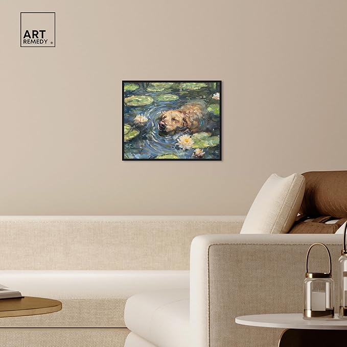 Art Remedy Monet Water Lilies Dog Rustic Chic Farmhouse Canvas Wall Art, Black Floater Frame, 20"x16"