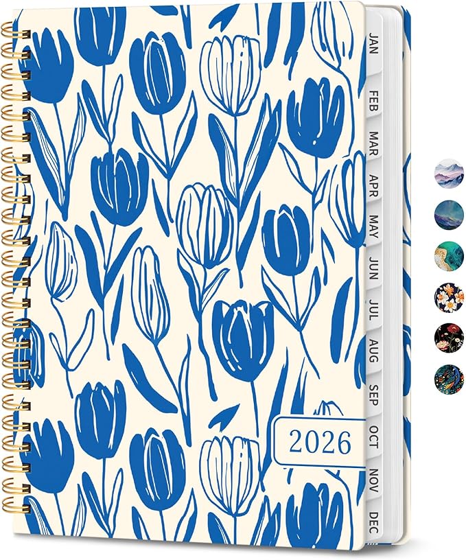 2026 Planner, Monthly and Weekly Calendar Planner for Women, Jan 2026 - Dec 2026, Hardcover Pretty 2026 Agenda Planner Book with Tabs, Spiral Bound, Perfect for School Office Home Supplies, 6.3" x 8.5" - Indigo Tulips