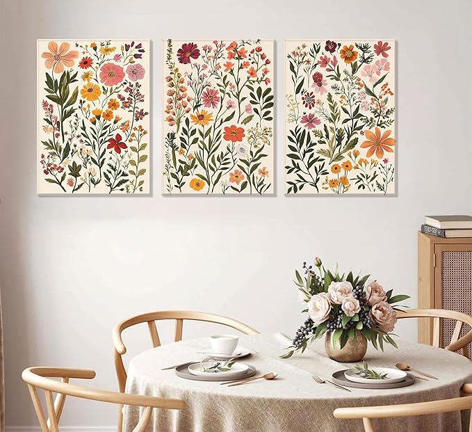 3Pcs Colorful Wildflower Canvas Wall Art Boho Floral Posters Botanical Prints Flowers Painting Wildflower Nursery Pictures Wall Decor for Living Room Bedroom Framed