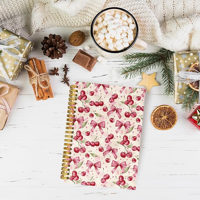 Coquette Pink Bow Cherry Spiral Notebook for Women Girls, Vintage Journaling Notebooks, Cute Pink Notebook Journal, Pink Office Supplies, Hardcover Spiral Lined Notebook 5.5 x 8.3