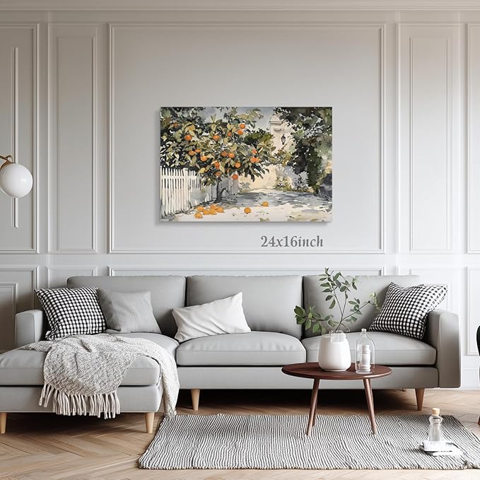 LLEEMPI Framed Orange Tree Wall Art, Country Botanical Wall Decor, Vintage Fruit Canvas Painting, Rustic Farmhouse Poster Print for Kitchen Bathroom Bedroom Living Room Office 12x16 Inch